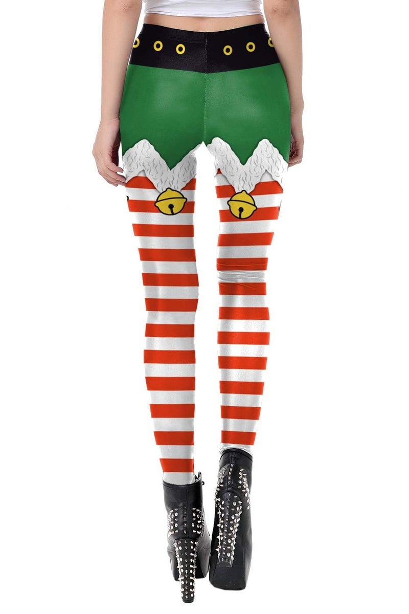 Pincuttee Christmas Leggings for Women Soft Green Stripe Stretchy Holiday Pants US S/M DK059 - Image 3
